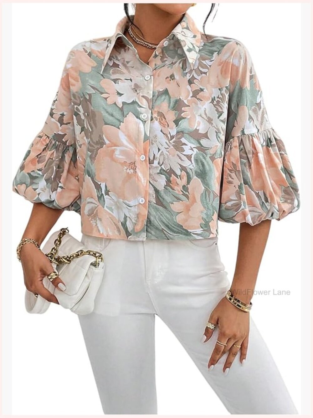 Half Bishop Sleeve Button Down Blouse Dressy Casual Top